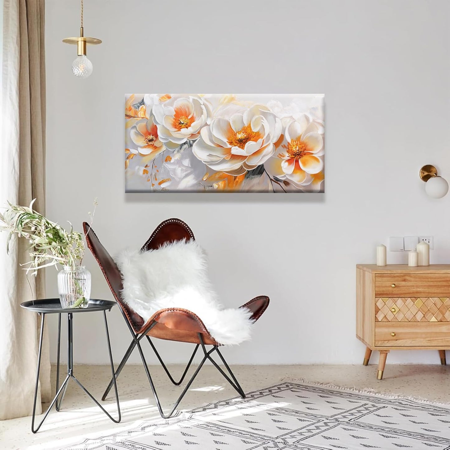 Suconvng Canvas Art Wall Decor Modern Minimalist Home Wall Decor Flower Paintings Orange White Wall Art Prints Floral Art Pictures For Bedroom Kitchen Office Artwork 20"×40"