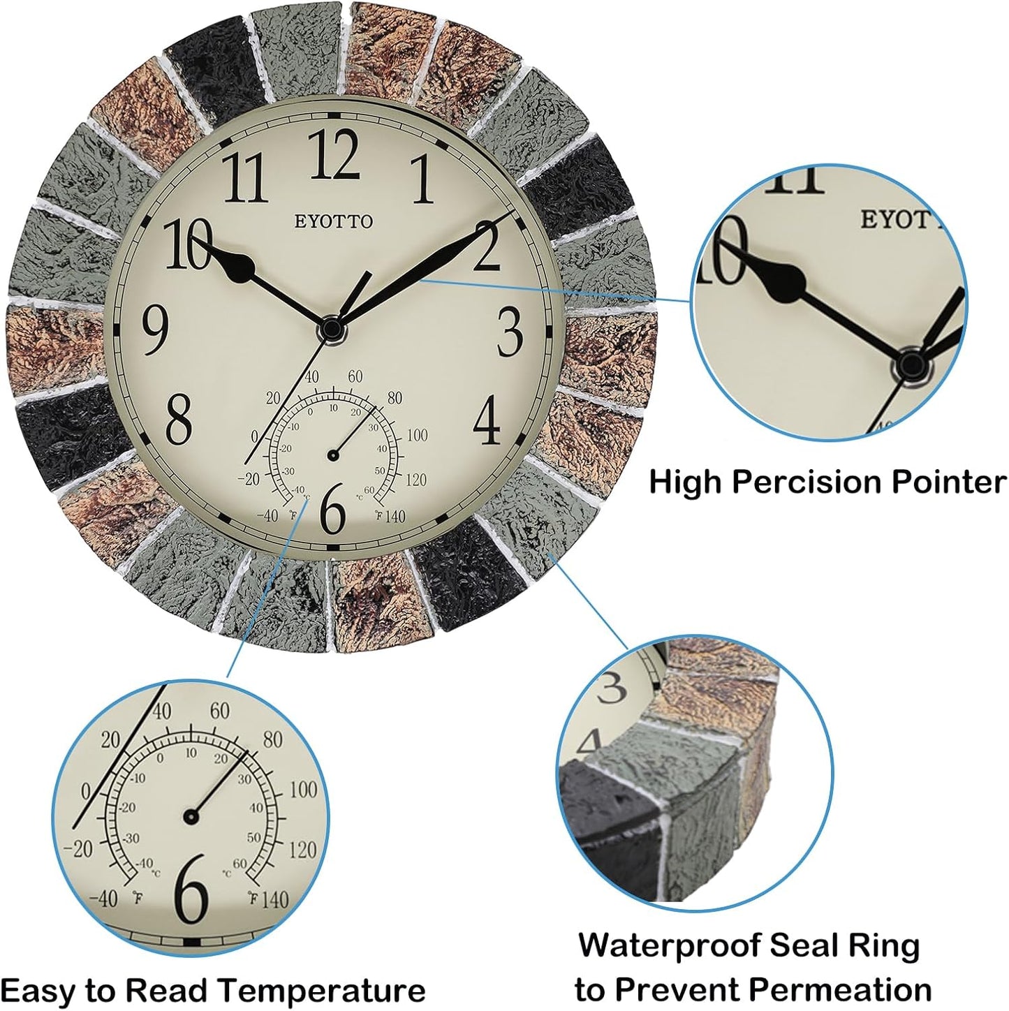 eYotto 10 Inch Small Indoor/Outdoor Waterproof Wall Clock with Thermometer Silent Non-Ticking Battery Operated Wall Clocks Weatherproof for Patio, Pool, Garden, Lanai, Fence, Porch, Deck, Bathroom