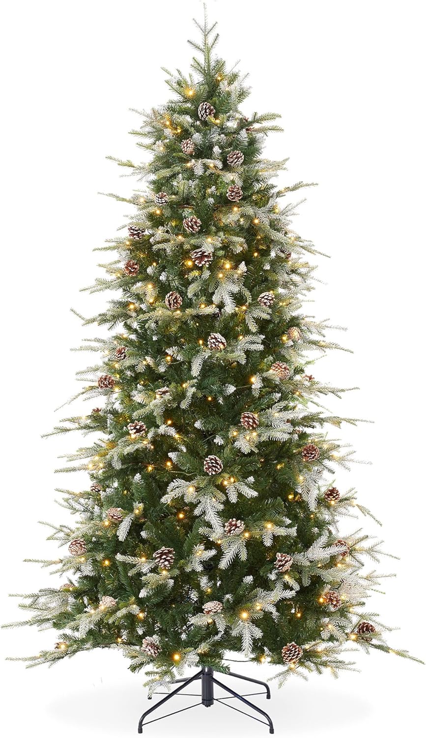 Casafield 7.5FT Pre-Lit Frosted Slim Aspen Fir Artificial Holiday Christmas Tree with White & Multicolored LED Lights, Partially Flocked Realistic Noble Fir with Metal Stand