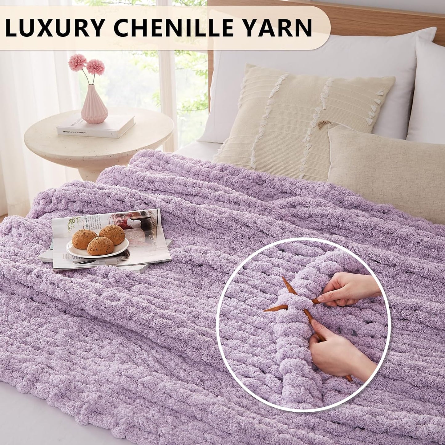L'AGRATY Chunky Knit Blanket Throw - Soft Chenille Yarn Throw Blanket 30x40：Handmade Thick Cable Knit Crochet Blanket - Large Knit Blanket Chunky Rope Knot Throw Blanket for Couch Sofa Bed Home Decor
