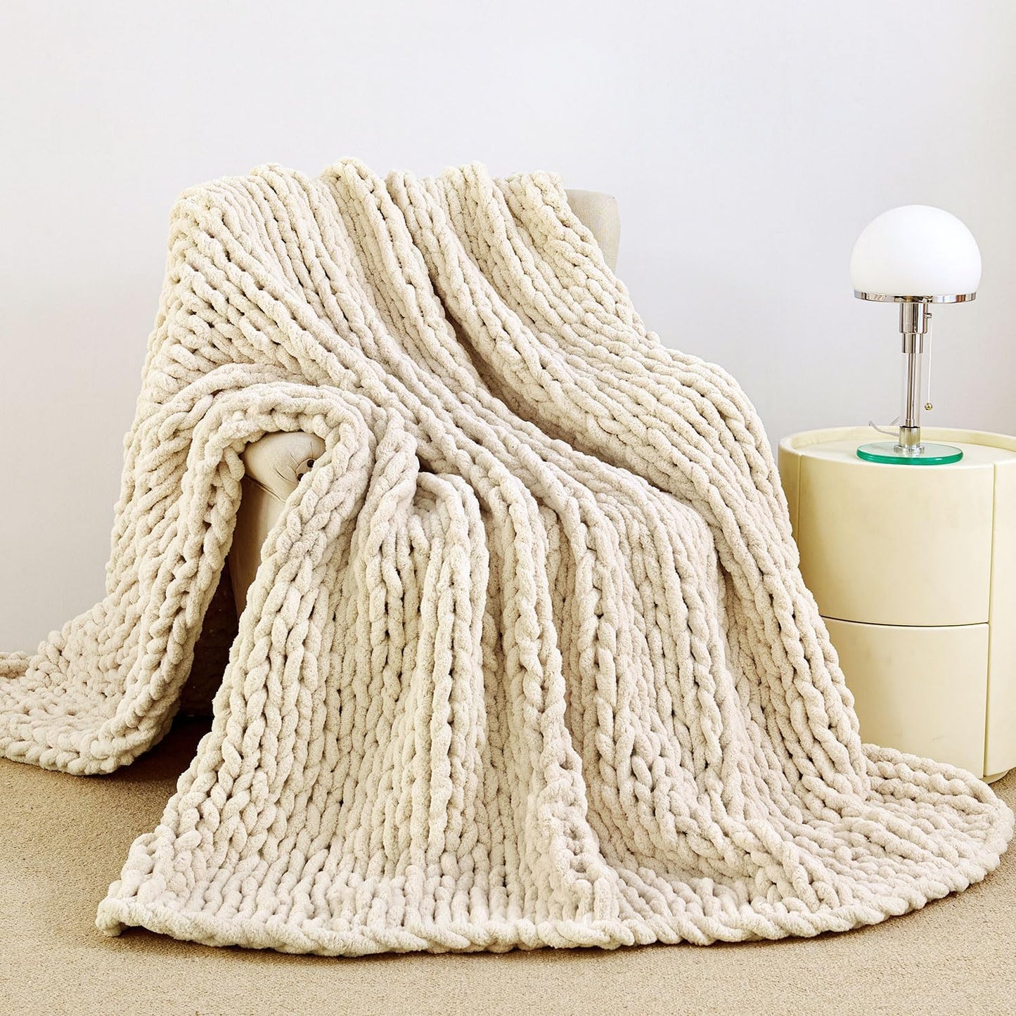 Admitrack Chunky Knit Blanket Throw, 100% Hand Knit Chenille Throw Blanket for Sofa & Home Decor, Soft and Cozy Knitted Throw Blankets (Ivory, 60""x80""), XNR09