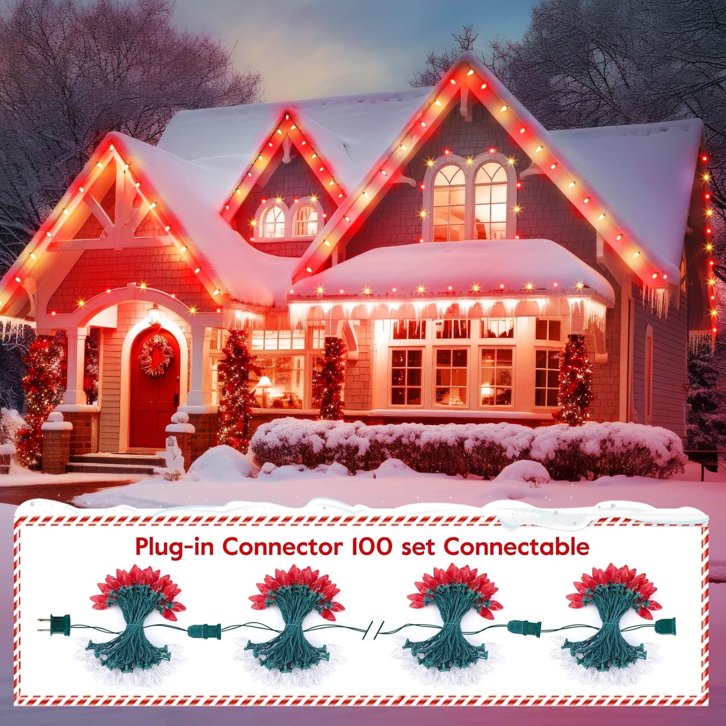 Brightown Red and White C9 LED Christmas String Lights, 33ft 50 LED Waterproof Strawberry String Lights, Plug-in Extendable Green Wire Lights String for Outdoor Indoor Patio Party Decoration