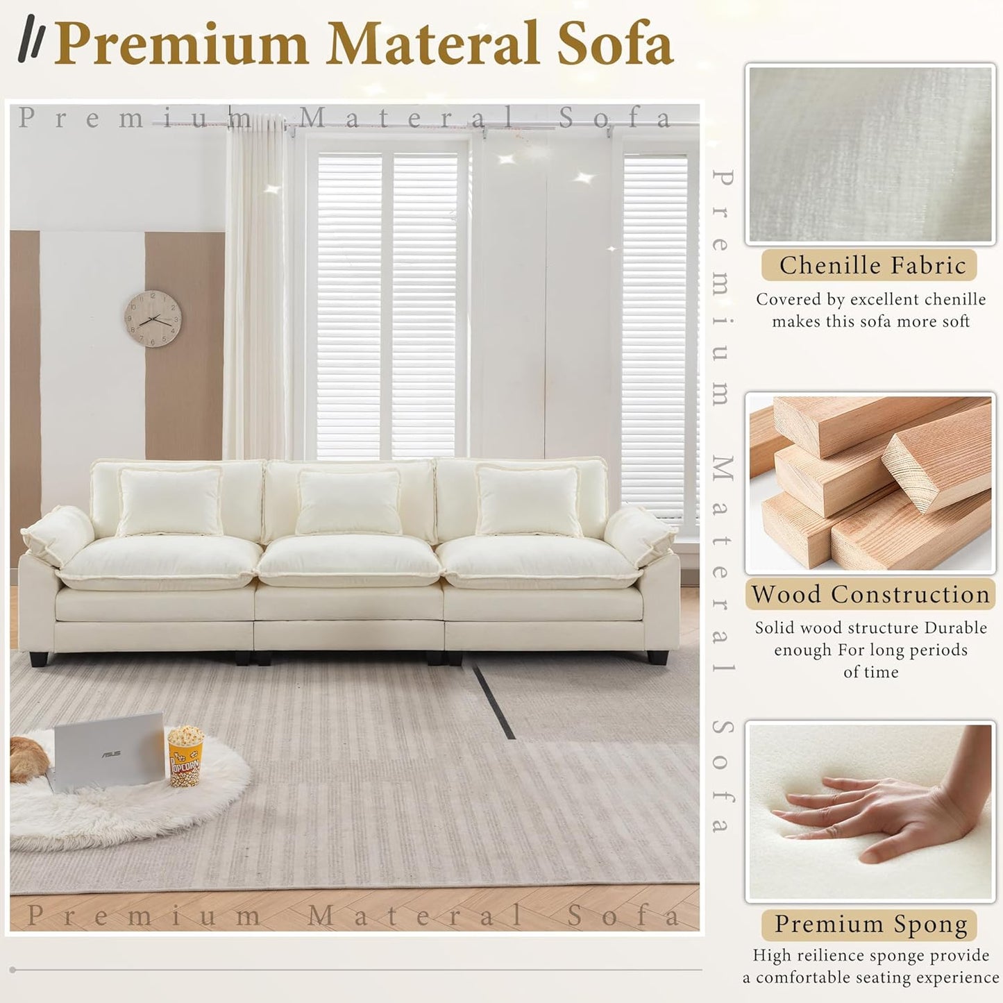 URRED Modular Sectional Sofa Comfy Cloud Couch, Modern Chenille Sofa Sleeper Deep Seat Couches with Ottoman/Pillows for Living Room (White, 117'')