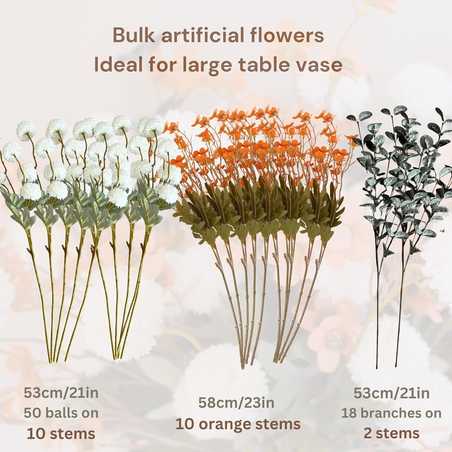 RyddeligHome Artificial White Kiku & Orange Wax Flowers, Bulk Silk Flowers with Long Stems for Vases, Spring Floral Stems Arrangements for Home Decor, Centerpieces for Tables, Rustic Decorations