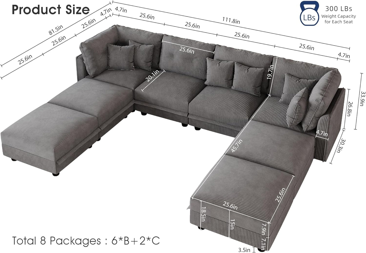 LLappuil Modular Sectional Sofa with Storage Seats, Corduroy Convertible Modular U Shaped Sectional Couch for Living Room, 8 Seat Oversized Sofa with 6 Back Cushion 6 Throw Pillow, Grey