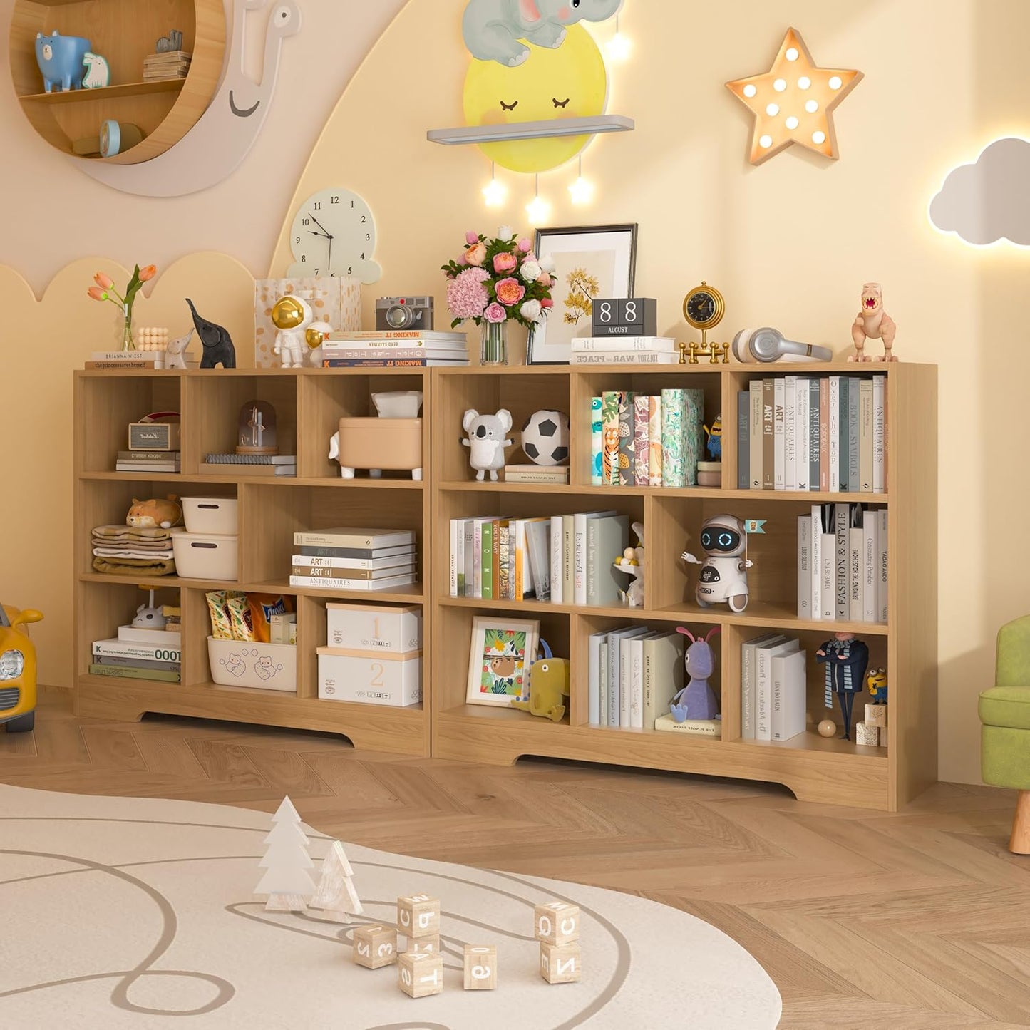 Book Shelf, 8 Cubes Storage Organizer, 3-Tier Open Shelf Wooden Bookcase, Freestanding Log Bookshelf Cube Shelf for Bedroom, Living Room, Home Office