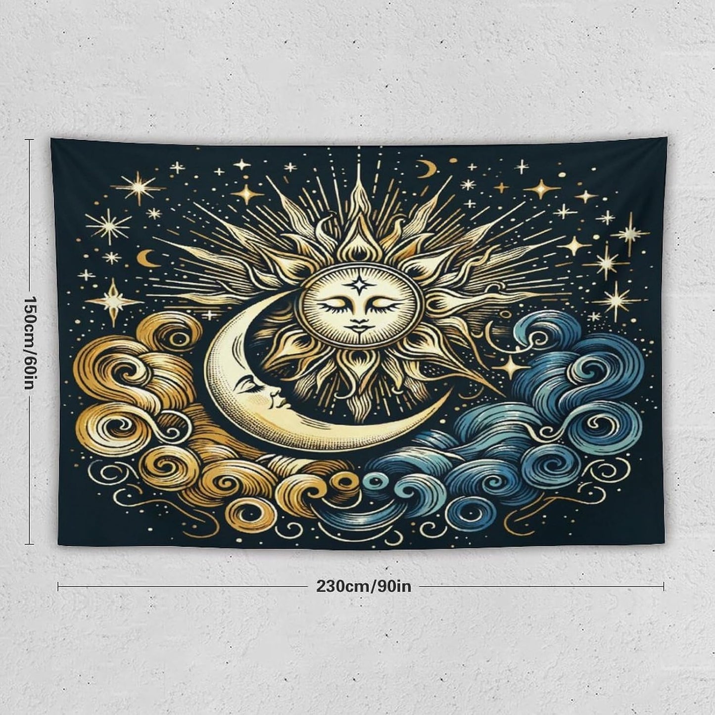 HZOHNAGO Sun Moon Tapestry Boho Golden Stars Pattern Printed Wall Tapestry Wall Hanging for Bedroom Living Room Dorm 90" W x 60" H