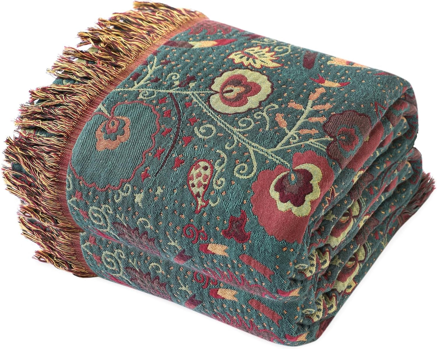 MSGKV Cotton Bed Blanket for Couch and Sofa Blankets for Living Room Bedroom Reversable Florals Throw 90"x98" Breathable Cozy Boho Blankets