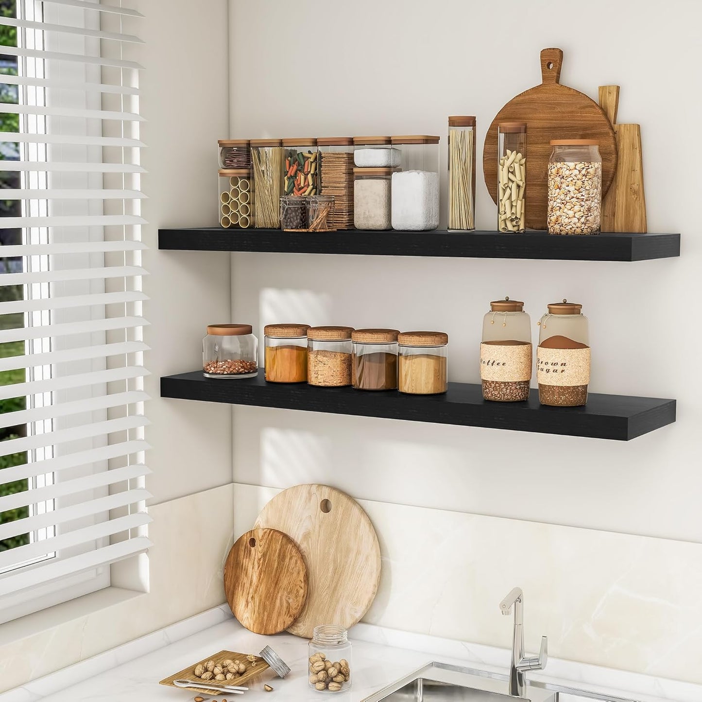 RICHFOCUS 48Inch Floating Shelves for Wall 2 Pack Shelves for Bedroom|Kitchen|Bathroom Wall Mounted Rustic Wood Floating Shelf with Invisible Brackets for Books|Storage|Decor, Black