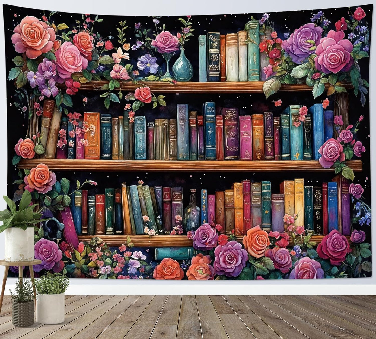 HVEST Bookshelf Wall Tapestry Pink Floral Green Leaf Watercolor Plant Botanical Aesthetic Tapestry Wall Hanging Vintage Library Book Tapestries for Bedroom Living Room Dorm, 70.9L x 92.5W Inches
