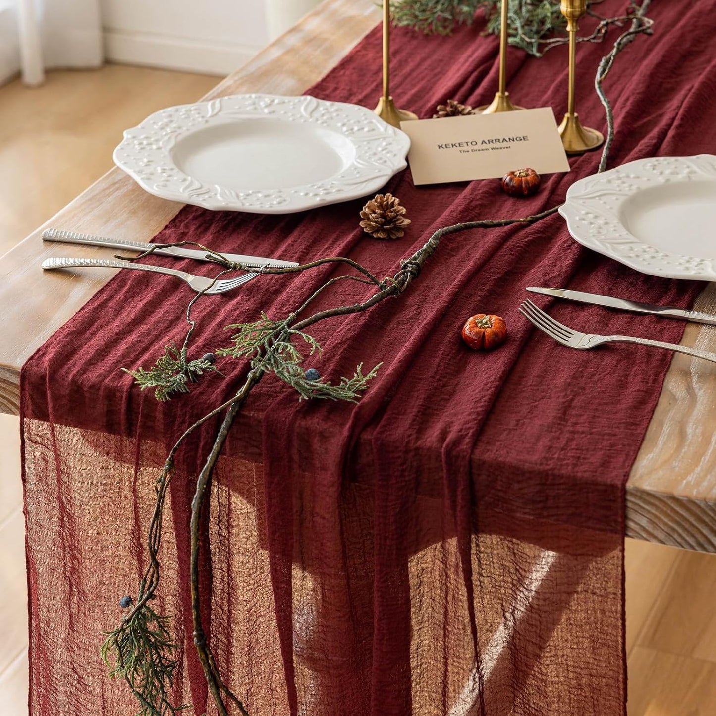 6pcs Burgundy Cheesecloth Table Runner Gauze 120 Inch 10 FT Rustic Boho Cheese Cloth Runner for Wedding Baby Shower Bridal Shower Engagement Birthday Party Long Sheer Home Decorations