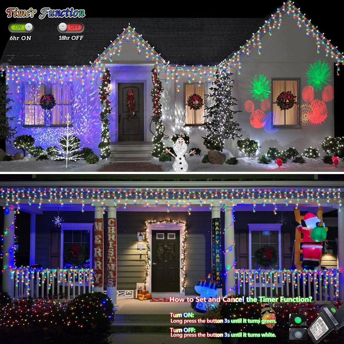 QITONG Multicolor Icicle Christmas Lights Outdoor, 33ft 400 LED Icicle Lights Indoor, Clear Wire Connectable String Lights Plug in with 8 Modes