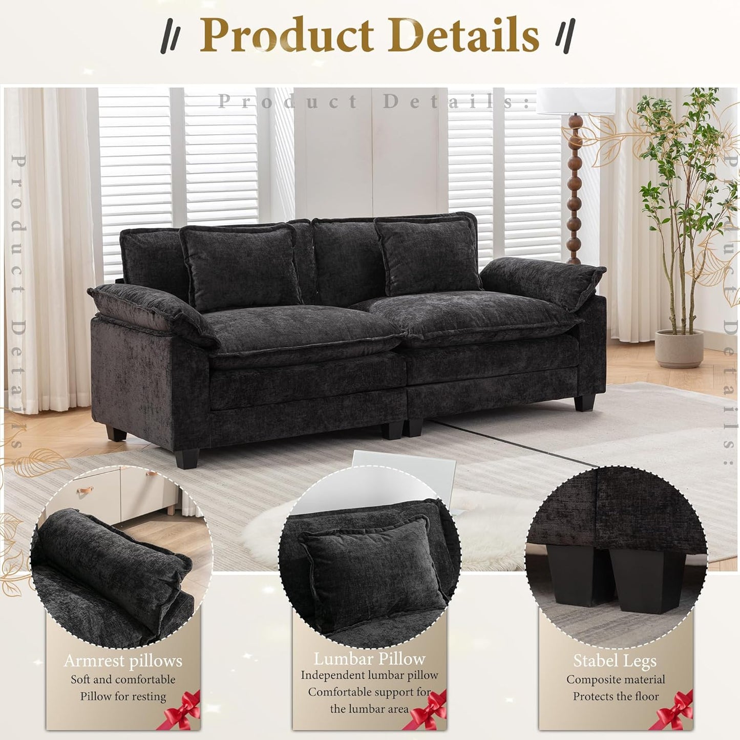 URRED Modular Sectional Sofa Comfy Cloud Couch, Modern Chenille Sofa Sleeper Deep Seat Couches with Ottoman/Pillows for Living Room (Black, 82.6'')