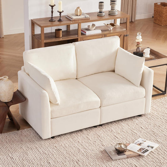 Tbfit 59" Loveseat Sofa, Chenille Small Sofa Couch, Love Seat with 2 Pillows for Small Space, Bedroom & Living Room, Beige