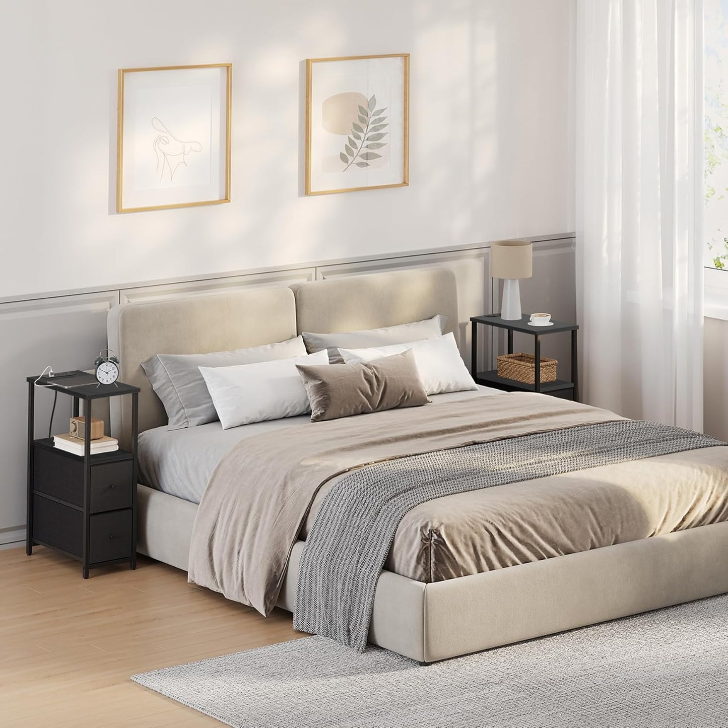 TUTOTAK Small Narrow End Table with Charging Station, Side Table with Outlets, Nightstand with 2 Cloth Drawers, Couch Table, for Living Room, Bedroom, Bedside, Black TB01BK085