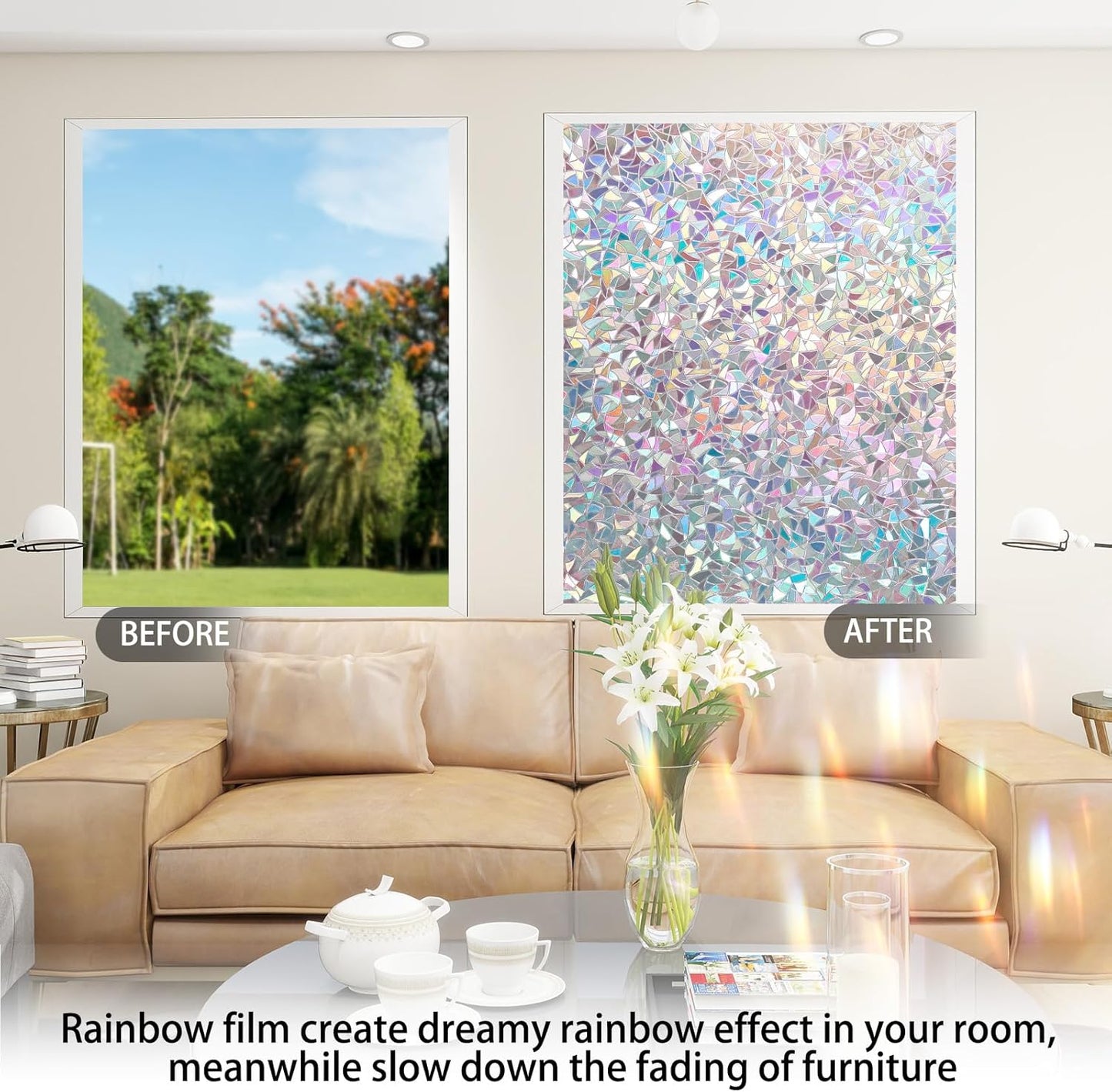 Rainbow Window Privacy Film 3D Decorative Stained Glass Window Film Anti UV Non-Adhesive Reusable 23.6" x 157.4" for Home Room Car Glass Cling