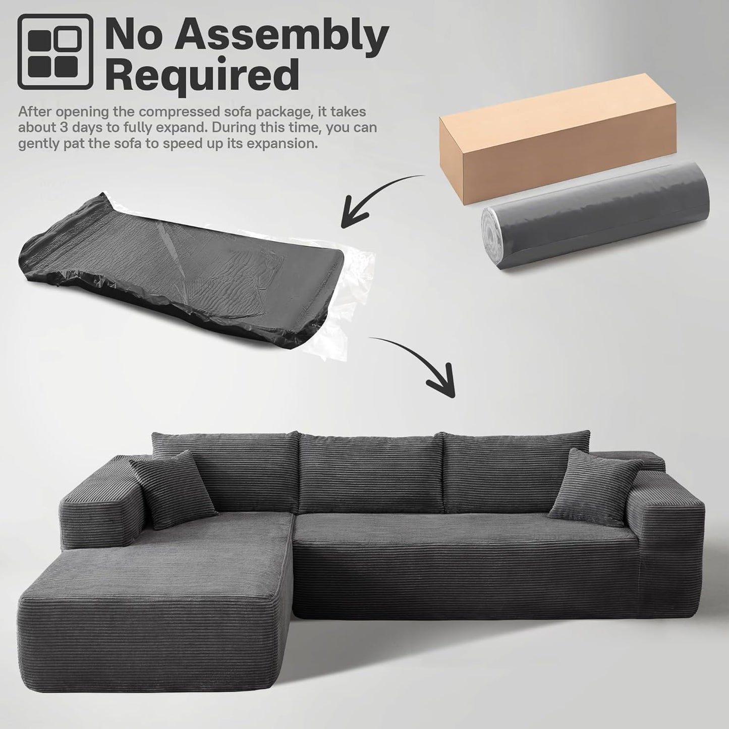 104" Cloud Sectional Couches for Living Room,L Shaped Boneless Couch in A Box,Sleeper Sofa with Comfy Chaise No Assembly Required,Grey