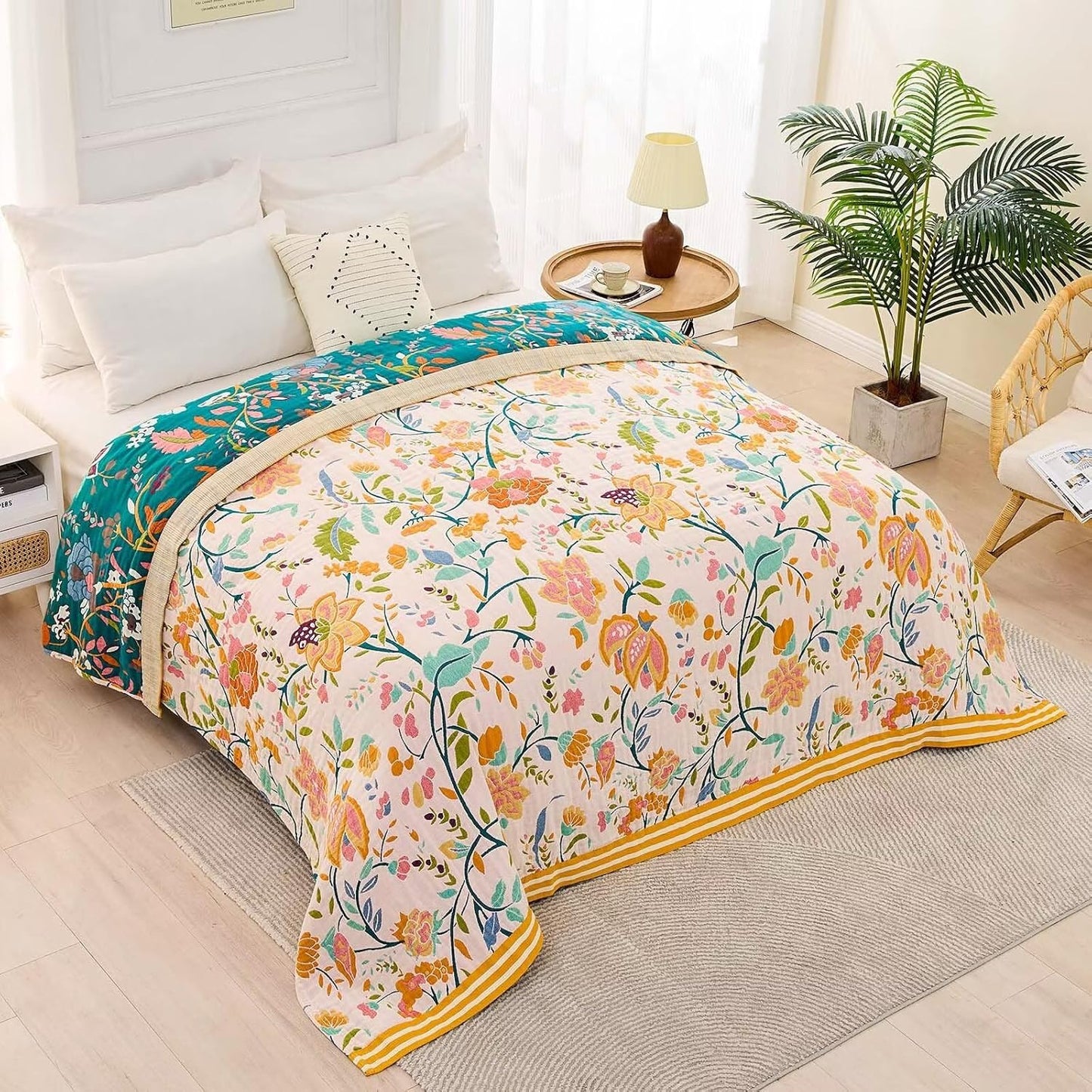 Boho Throw Blanket for Bed, 100% Cotton Soft Rustic Quilt Fall Blanket, 50"x60" Yellow Floral Printed Farmhouse Decor Bed Blankets, All Season Rustic Reversible Bohemian Throw Quilt