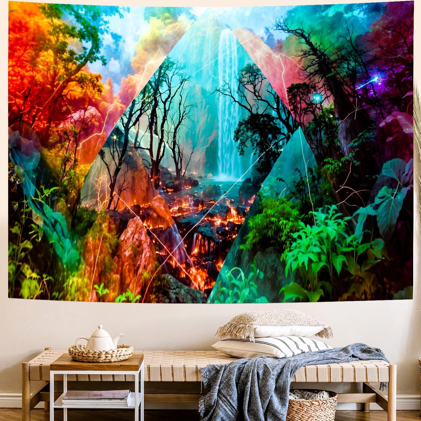 Delur Forest Tapestry Waterfall Mountain Rainforest Sunset Nature Tree Tapestry Wall Hanging Scenic Tropical Landscape Natural Sunrise Headboard for Bedroom Living Room Home Decor (59.1" x 78.7")