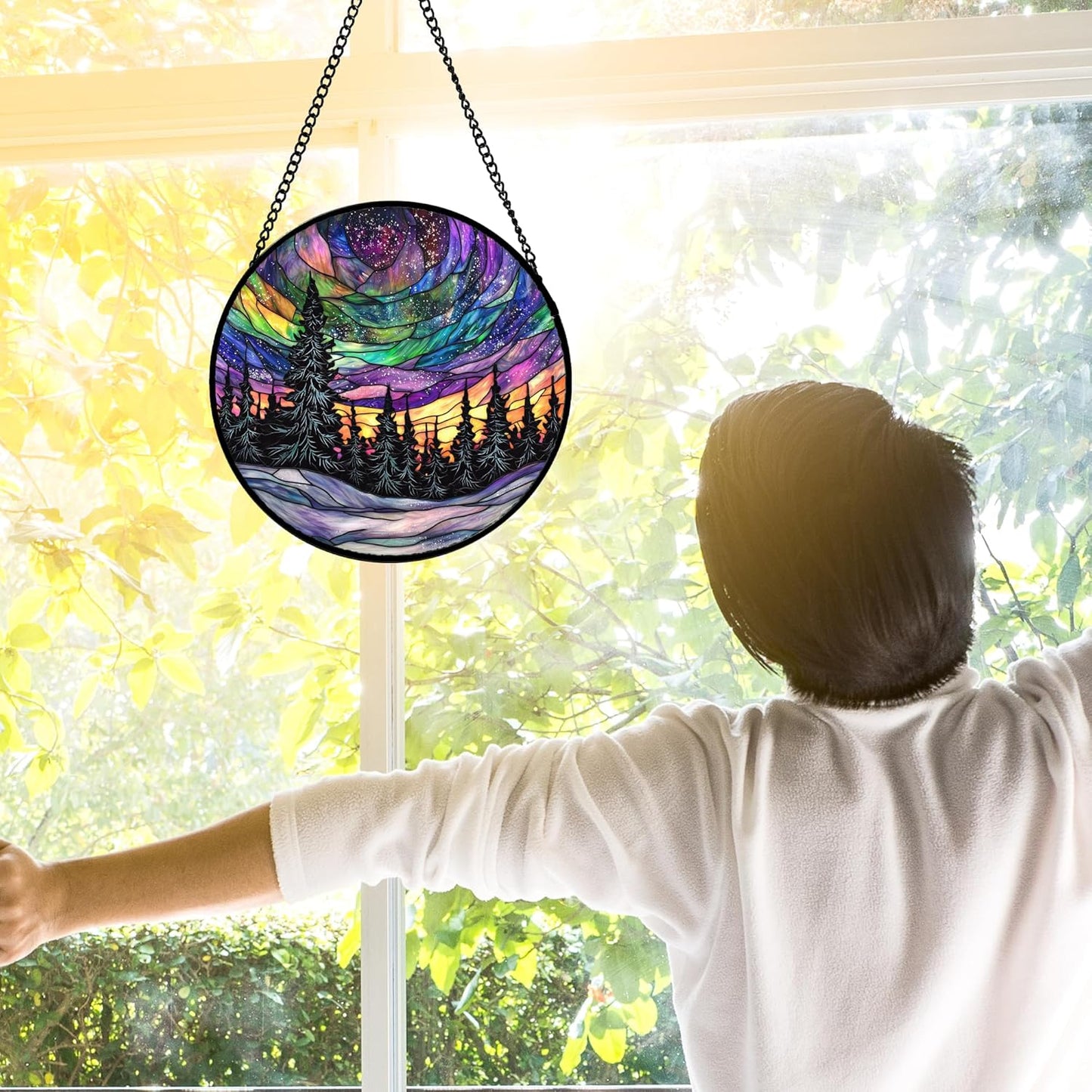 Stained Glass Window Hanging, Van Gogh Night Scene Sun Catchers Colorful Glass Panel Starry Sky Suncatcher Decor for Birthday for Women, Men, Wife, Aunt, and Mom 6.3 in