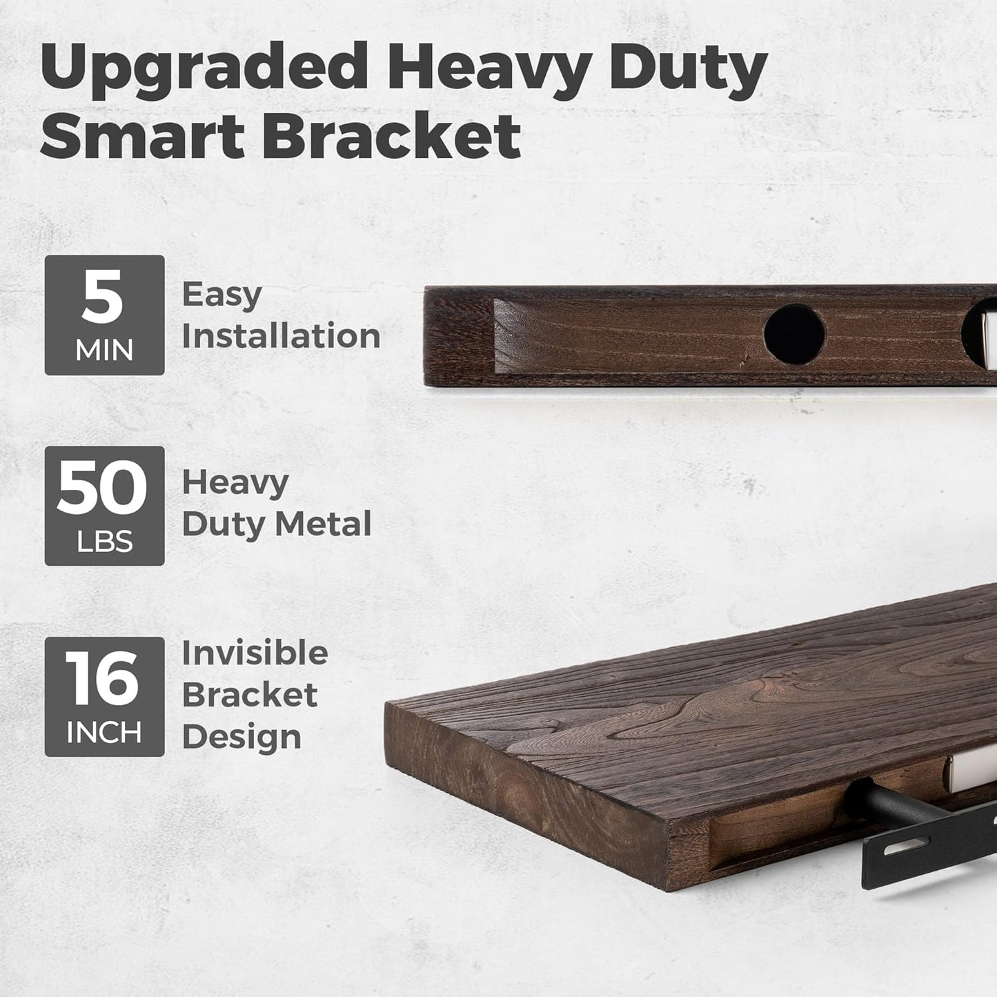 RICHFOCUS Live Edge Elm Floating Shelves - 40" W x 9.3" D Rustic Solid Wood Wall Shelves with Invisible Bracket, Wall-Mounted for Living Room, Bedroom, Kitchen Storage & Display, Set of 2, Walnut