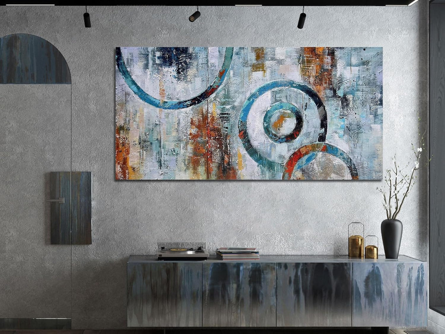 Arjun Abstract Wall Art Geometric Canvas Circle Painting Modern Grey Brown Picture Simple Artwork Framed for Bedroom Living Room Bathroom Home Office Wall Décor, Large Size 48"x24"