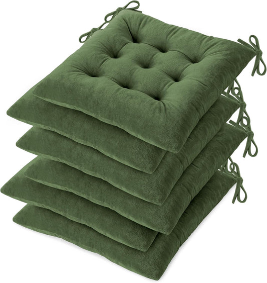 OVOV Chair Cushions for Dining Chairs Set of 6 Tufted Indoor Chair Pads with Ties Soft Square Seat Cushions for Kitchen Chairs 15.5"x15.5",Green