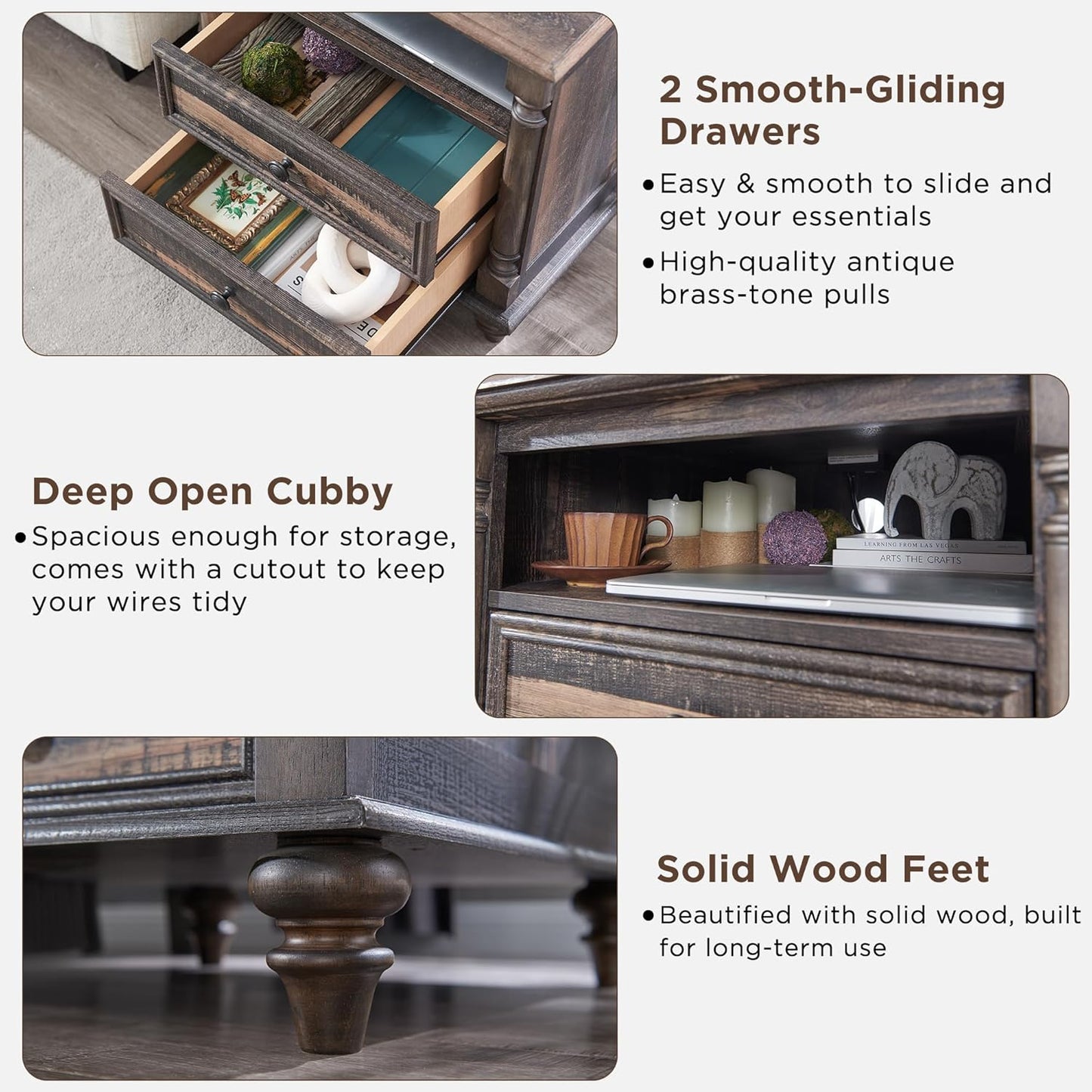 T4TREAM 24'' Farmhouse End Table w/4 Solid Wood Feet, Large 2 Drawers Wide Sofa Side Table with Charging Station, Tall Rustic Wood Square Nightstand for Living Room, Bedroom, Office, Dark Rustic Oak