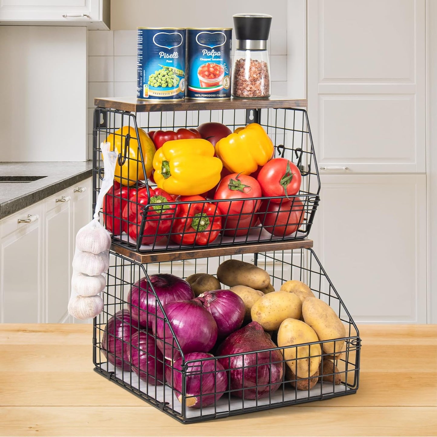 Fruit Basket, Stackable Wall Mounted Fruit Baskets, Potato Baskets Onion Storage for Kitchen, Hanging Wire Basket with Wood Lid, 2-Tier Vegetable Organizer Kitchen Countertop Organization