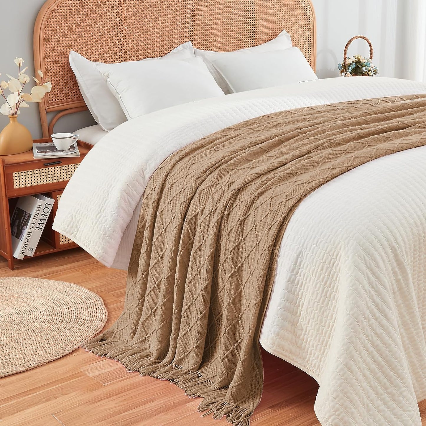 inhand Knitted Throw Blankets for Couch and Bed, Soft Cozy Knit Blanket with Tassel, Khaki Lightweight Decorative Blankets and Throws, Farmhouse Warm Woven Blanket for Men and Women, 60"x80"