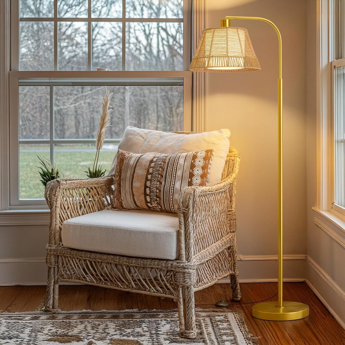 Oneach Arc Floor Lamp for Living Room with 3 Color Temperatures, Farmhouse Floor Lamps with Remote & Dimmable Bulb, Rattan Boho Floor Lamp with Hand-Woven Wicker & Fabric Shade