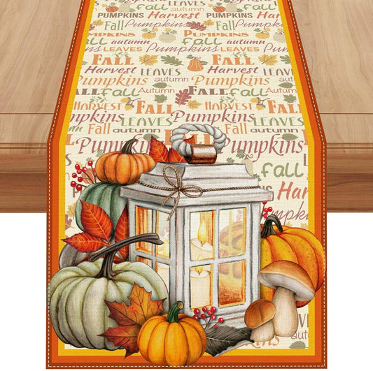 Linen Fall Table Runner - 48 Inch Farmhouse Leaves Pumpkin Table Decor Autumn Thanksgiving Home Kitchen Dining Room Decoration