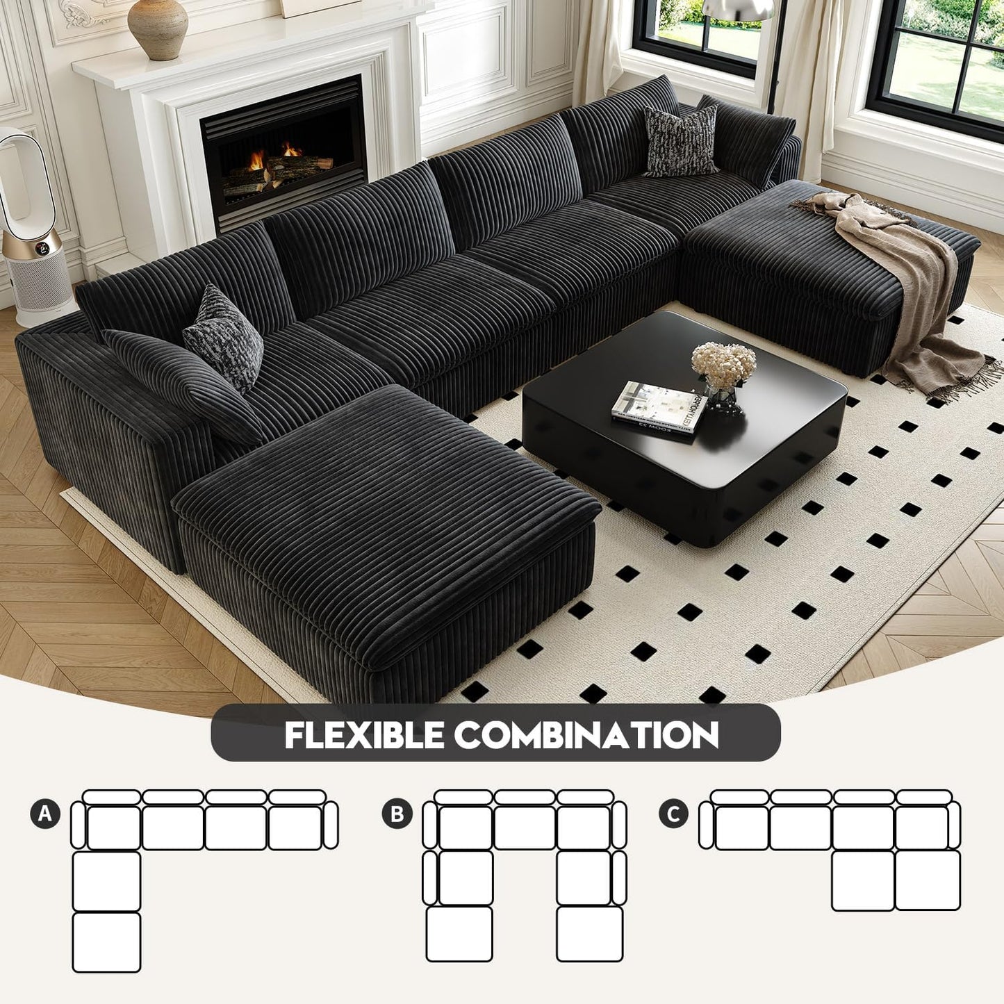 157.5" Cloud Couch Oversized Modular Sectional Sofa for Living Room,Modern Sofa with Deep Seat，U-Shape Boneless Couch with 2 Ottoman,Comfy Upholstered Couches for Apartment, Studio, Office,Black
