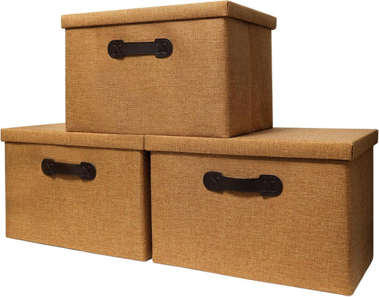 Enzk&Unity Decorative Storage Bins with Lids, Fabric Linen Foldable Storage Box with Handle Home Organizer for Shelf, Closet, Bedroom, Living Room, Office, 3 Packs, Brown