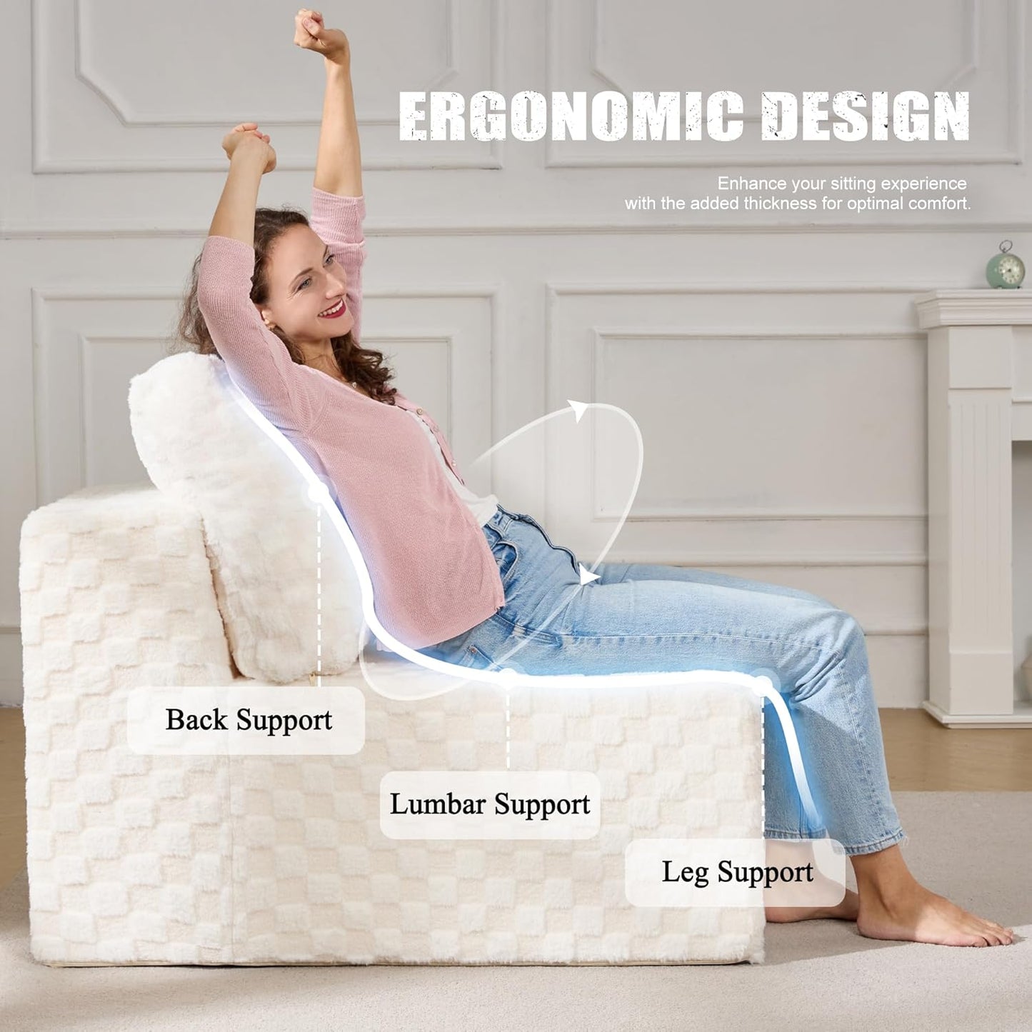 Single Sofa 1 Seat Couch with Deep Seat Memory Foam Cloud Chair with Pillows Large Sofa with L Shape for Living Room Bedroom (Plush White, Single)