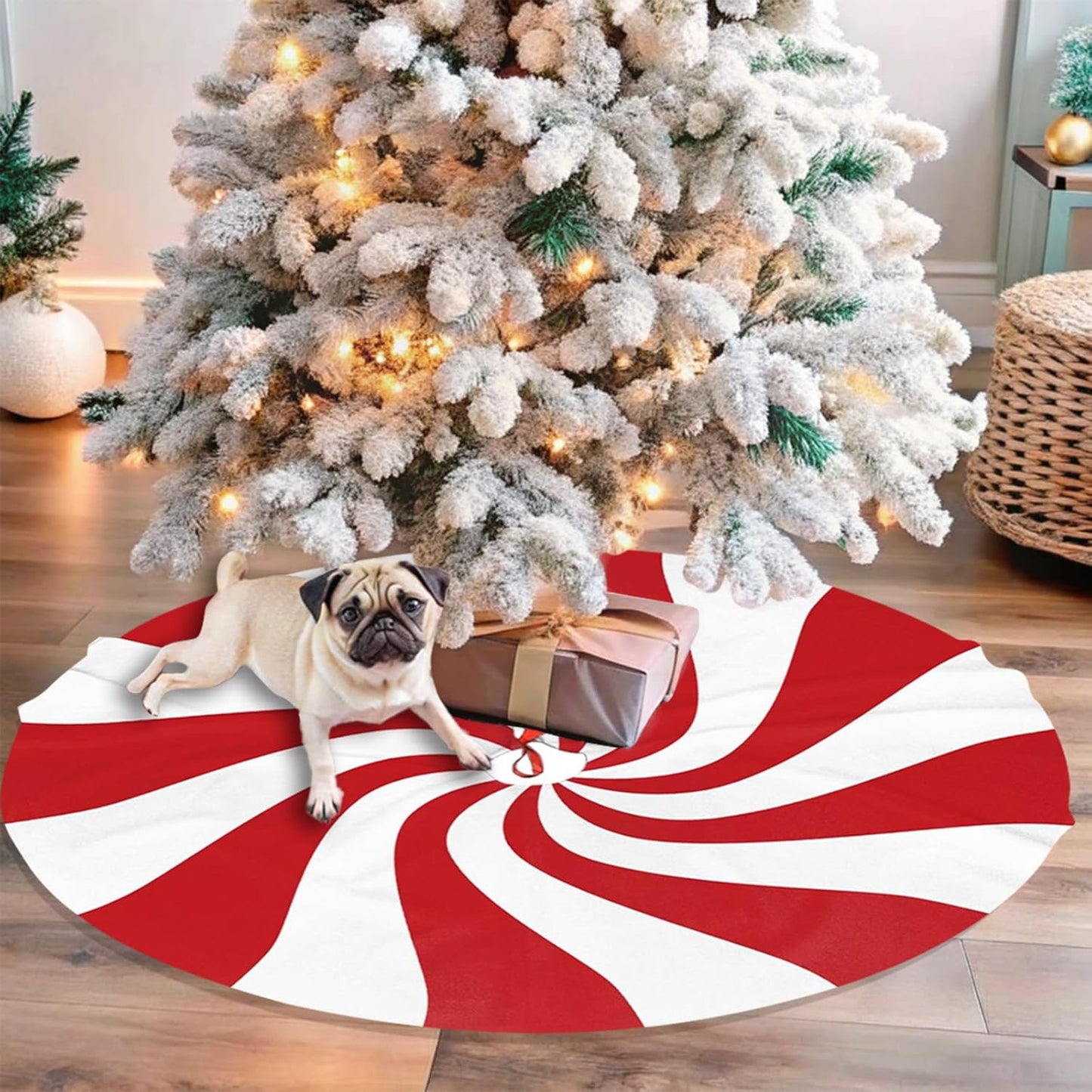 36" Large Christmas Tree Skirt, Red and White Peppermint Candy Round Pattern Tree Mat Base Cover for Xmas Festive Holiday Party Decoration Ornaments