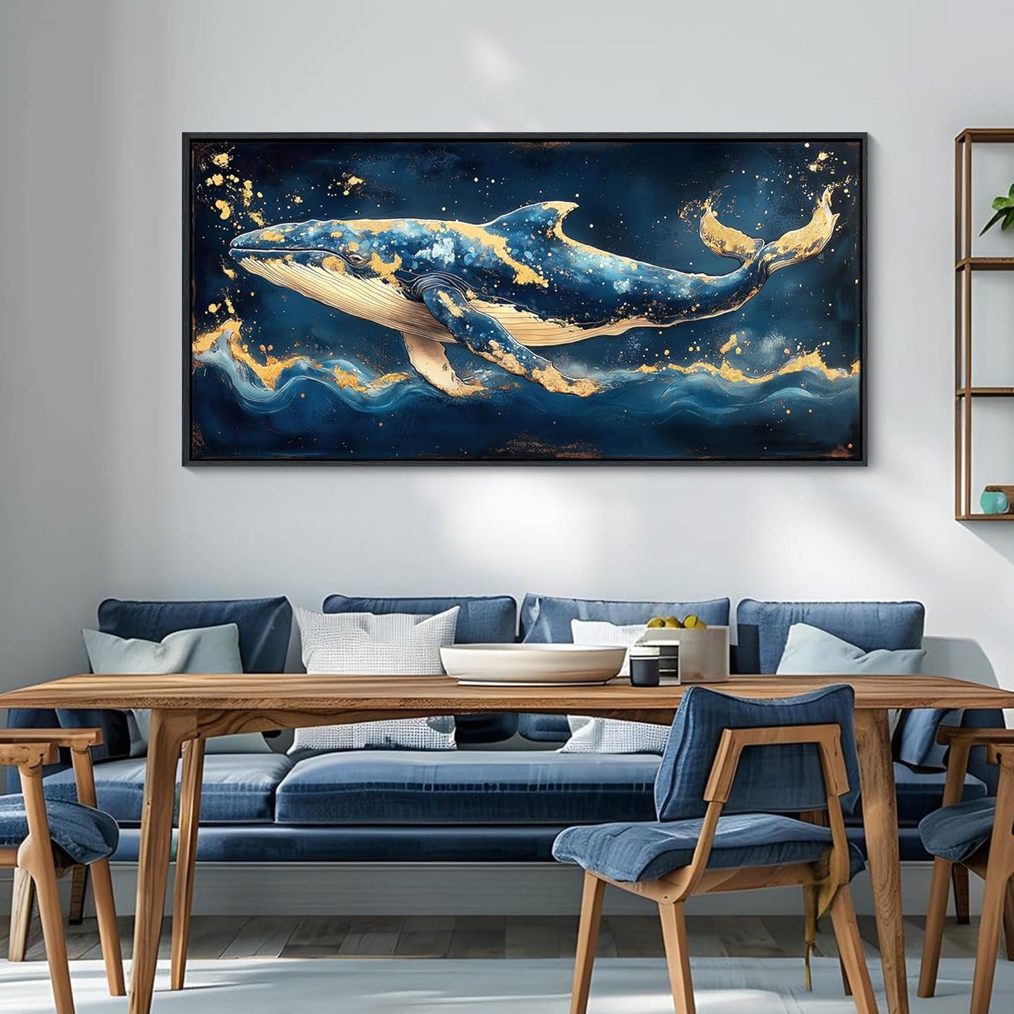 JEAWA Large Framed Canvas Wall Art - 24x48 IN Marine Animal Painting Wall Decor, Blue White Gold Whale Picture, Modern Art Prints for Living Room Bedroom Bathroom Home Decoration