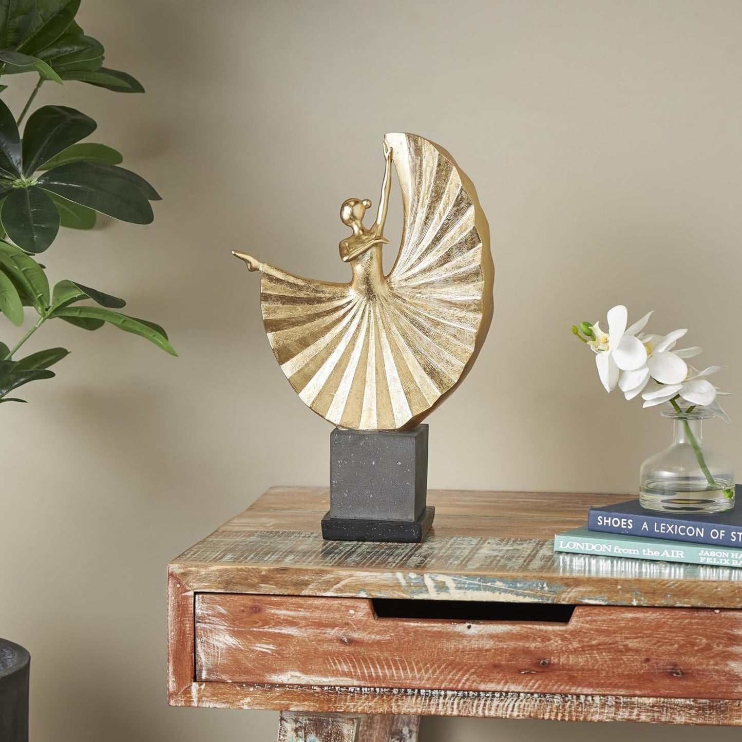 Deco 79 Polystone Dancer Decorative Sculpture Ballet Home Decor Statue with Elevated Black Base, Accent Figurine 11" x 4" x 17", Gold