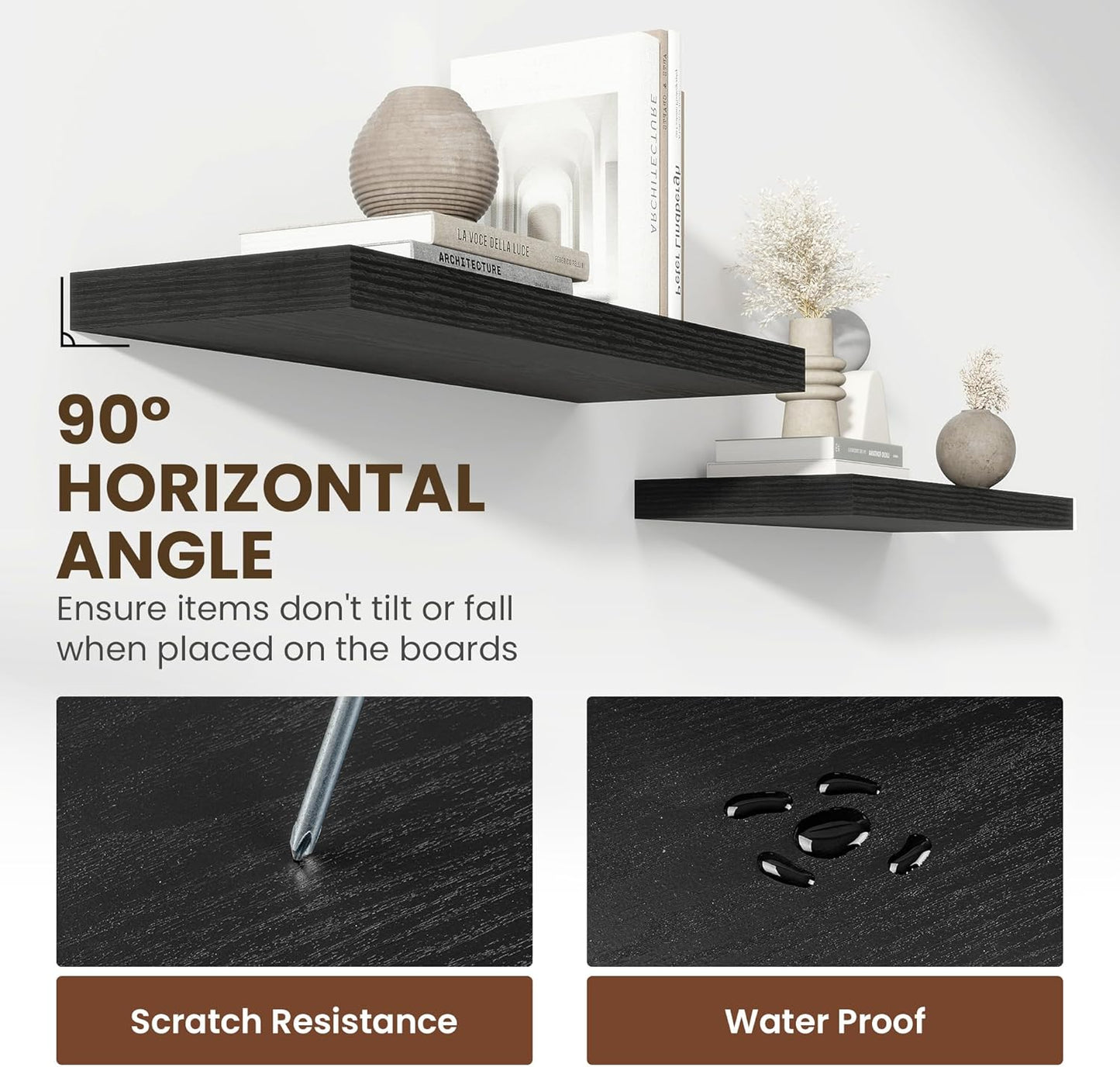 36 Inch Floating Shelves, 11.6 Inch Deep Floating Shelves for Wall, Floating Shelf with Invisible Brackets, Deep Shelves for Bathroom, Bedroom, Living Room, 2 Pack, Black