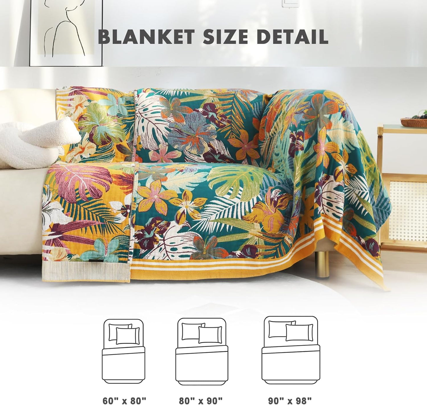 MSGKV Cotton Bed Blanket for Couch and Sofa Blankets for Living Room Bedroom Reversable Florals Throw 80"x90" Breathable Cozy Boho Blankets