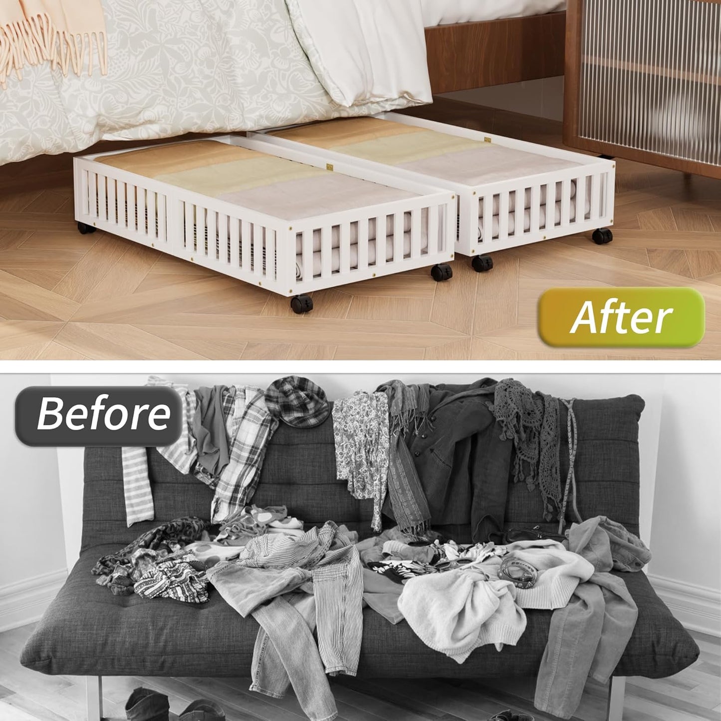 Bamboo Under Bed Storage with Wheels (2-Pack) – Rolling Underbed Shoe Organizer Box for Shoes, Blankets, Toys, Clothes Container Space-Saving Organizer Bins for Bedroom, Closet, Dorm, Nursery