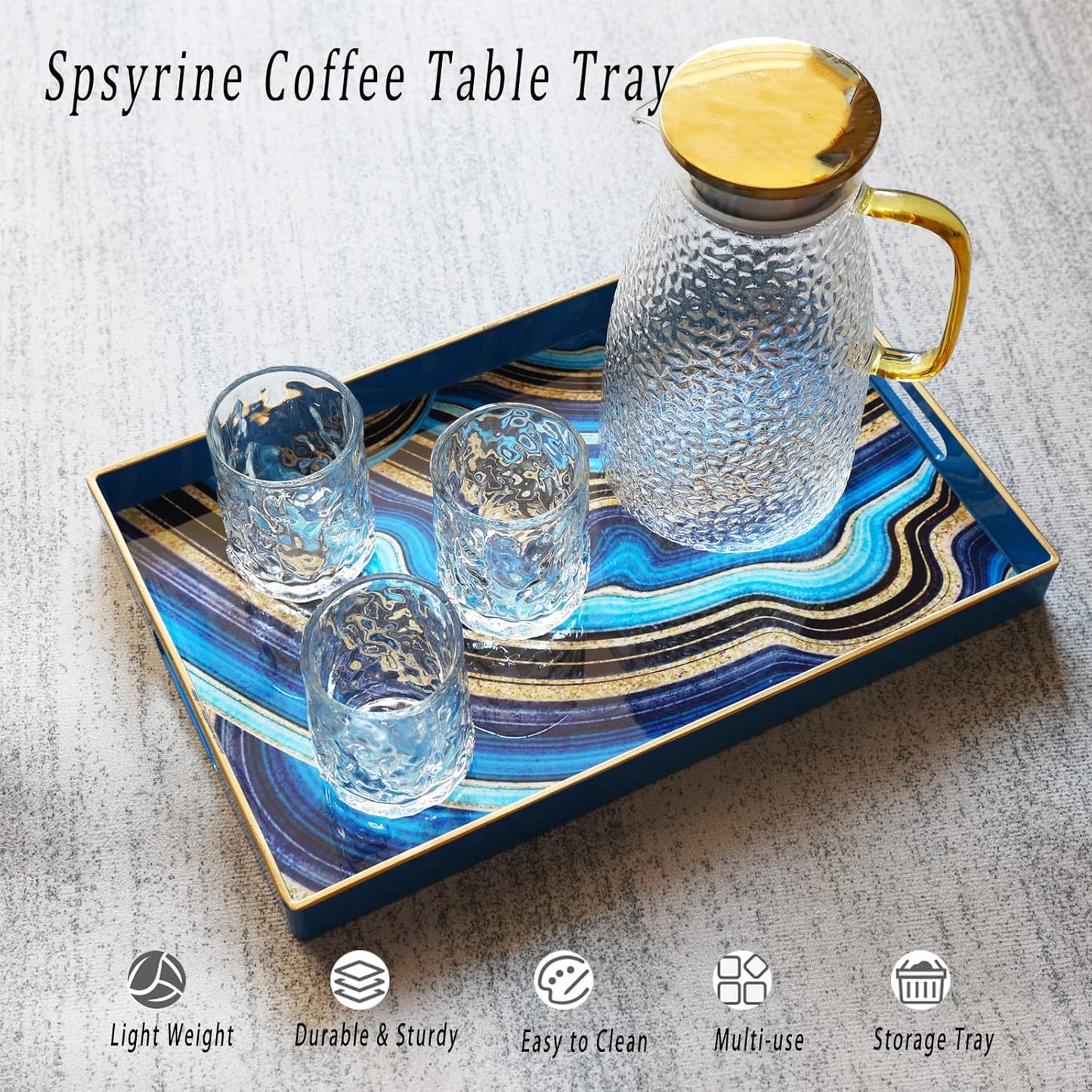 Spsyrine Decorative Tray, Plastic Rectangular Coffee Table Tray with Handles, Marble Serving Tray for Living Room, Ottoman, Bathroom Decor. 15.6” X 10.2".SLRE