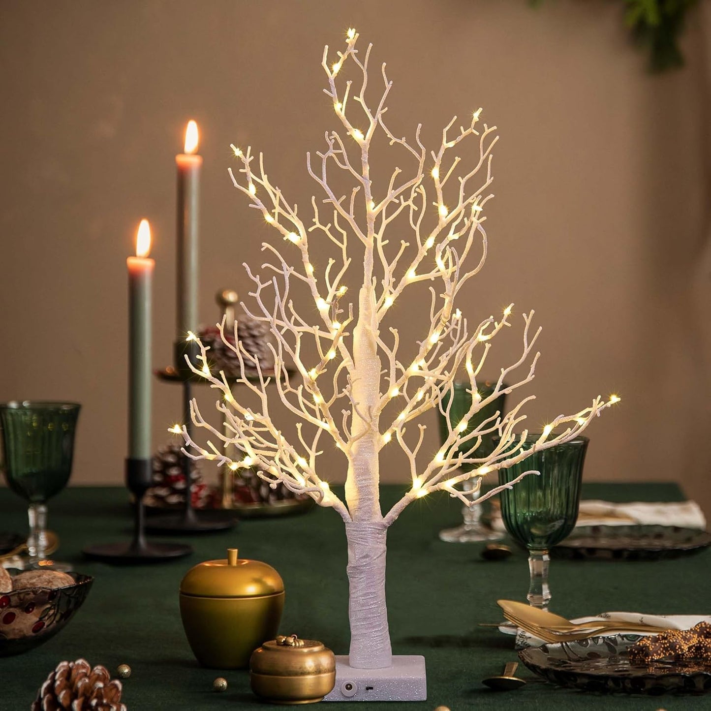 LIGHTSHARE 24IN Lighted Willow Tree Bonsai 70 Mini LED Lights Artificial White Birch Tree for Home, Festival, Wedding, Nativity, Party, and Christmas Decoration, Plug in or Battery (White)