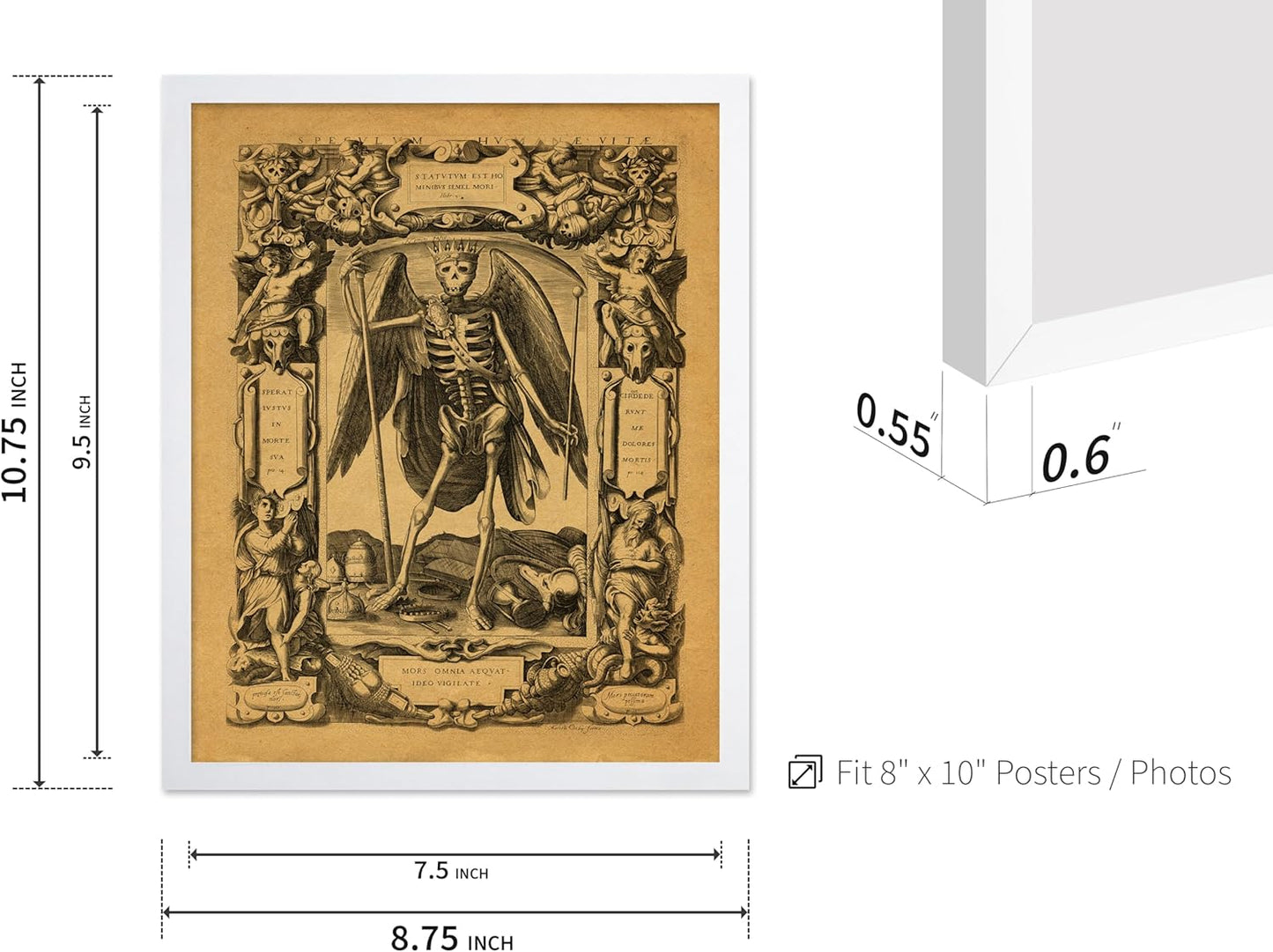 Poster Master Vintage Medieval Poster - Retro Gothic Print - Gift for Artist, Friend - Angel of Death, Memento Mori, Life, Skeleton, Dark - Wall Decor for Home, Living Room, 8x10 White Framed