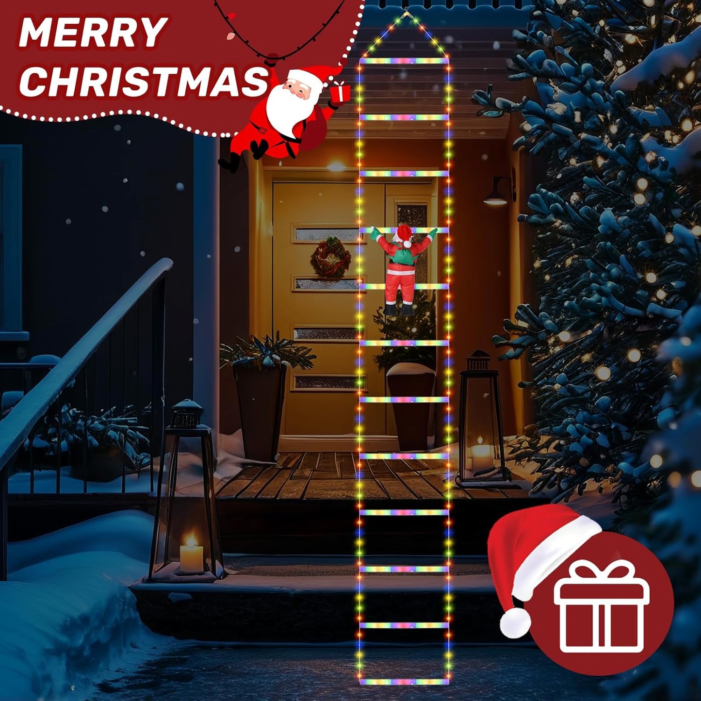 LED Christmas Ladder Lights 10ft with Santa Claus Decorations 2025 Upgrade Decorative Multicolor Lights for Outdoor and Indoor, Window, Garden, Home, Wall, Xmas Tree Decor Waterproof with 8 Modes