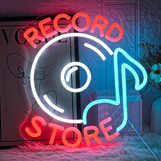 Record Store Neon Sign Music Neon Signs for Wall Decor Letter Neon Light Record Player Sign Live Music Neon Light Sign for Bar Concern Studio Decor(Red white)