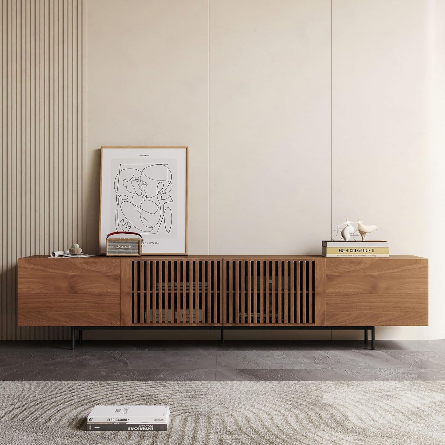 Mid Century Modern TV Stand for 80+ Inch TVs, 94.48" Walnut Console with Ample Storage – Stylish Entertainment Center for Living Room or Bedroom