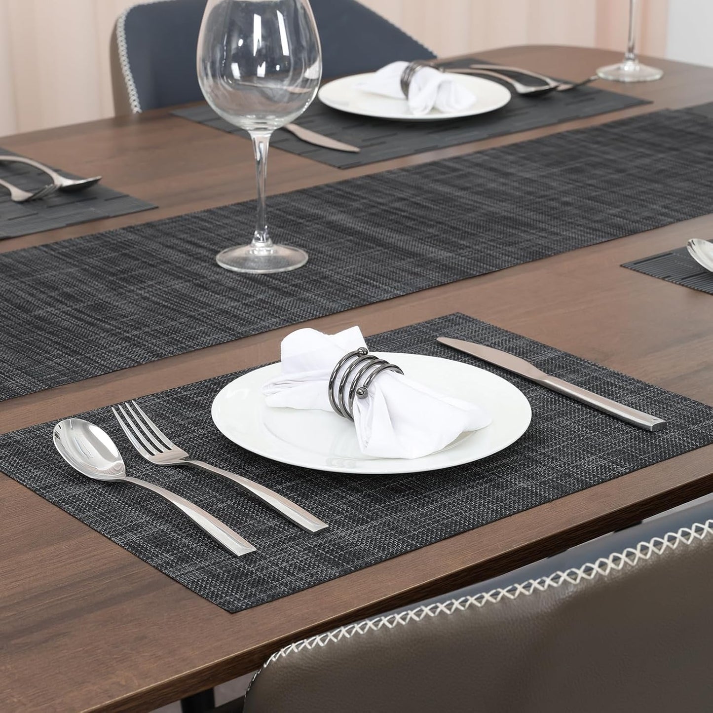 Myir JUN Placemats Set of 8, Vinyl Woven Placemats Place Mats Indoor Set of 8 Washable Table Mats Non-Slip Place mats for Dining Table (Dark Gray-Black, Set of 8)