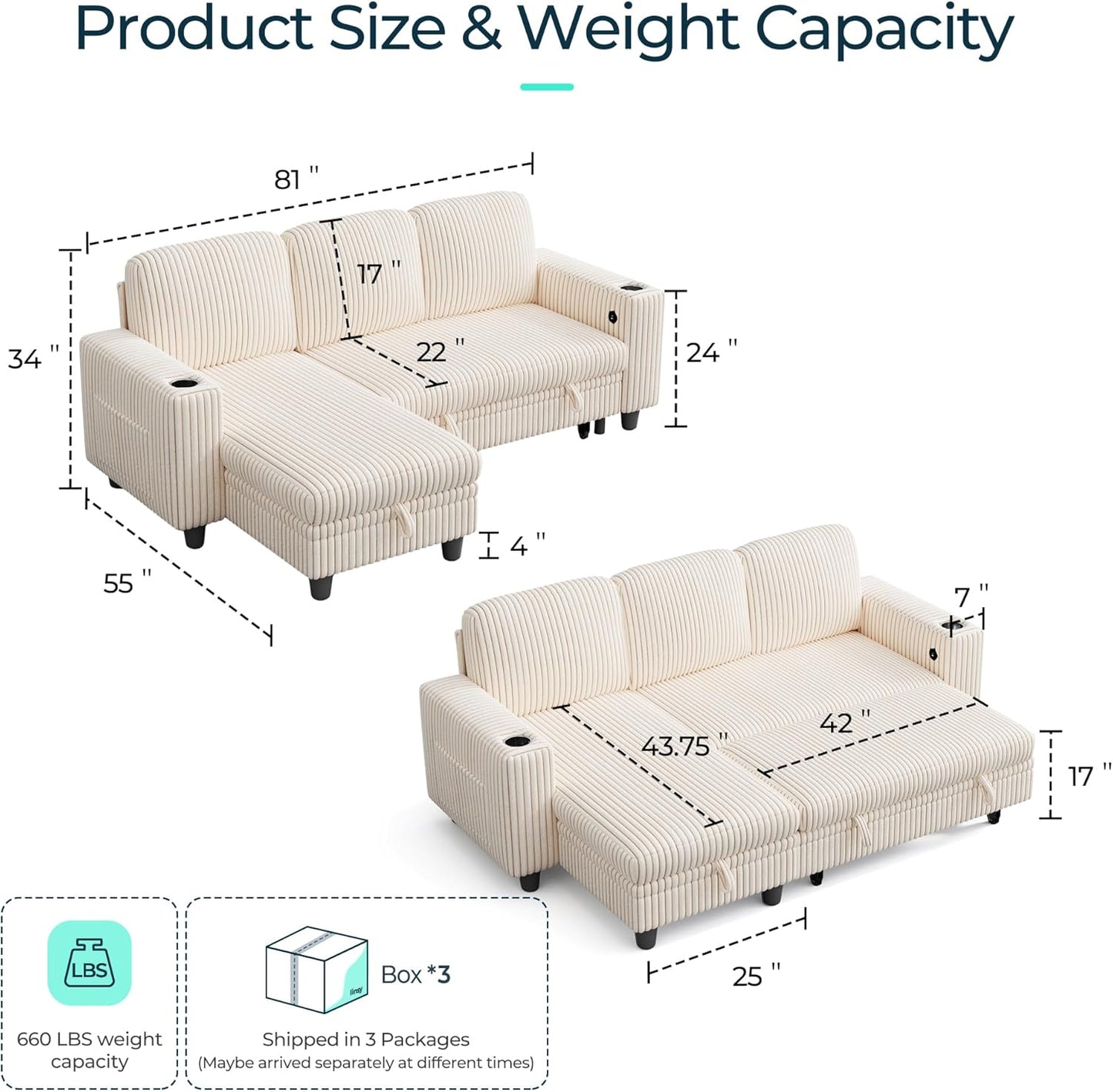 LINSY HOME Sectional Sleeper Sofa with Pull Out Couch Bed - Convertible Plush Corduroy Cloud Couch with Storage Chaise & USB Charging, Comfy L Shaped Modular Couches for Living Room Apartment, Beige