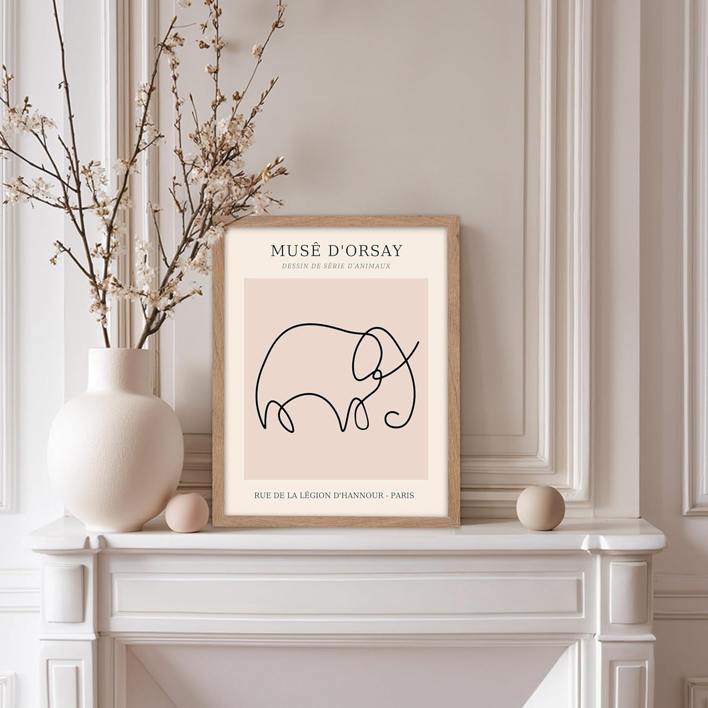 Poster Master Vintage Poster - Retro One Line Elephant Drawing Print - Elephant Art - Minimal Gift for Men, Women, Animal Lover - Abstract Wall Decor for Home, Office, 8x10 Beige Framed